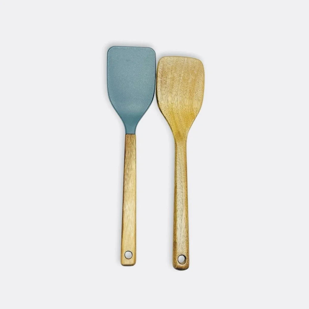 Figmint 2pc Silicone Acacia Kitchen Utensil Set Blue Green Wood NEW WITHOUT BOX